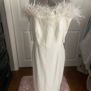 Calvin Klein Strapless White Dress with Feather Trim